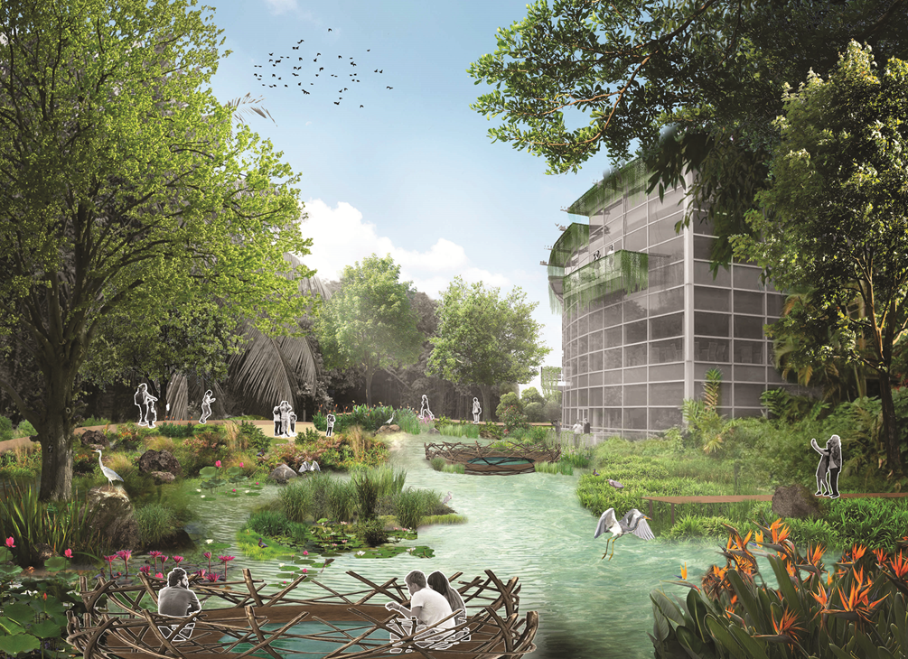 Rendering of a stream in a lush green setting